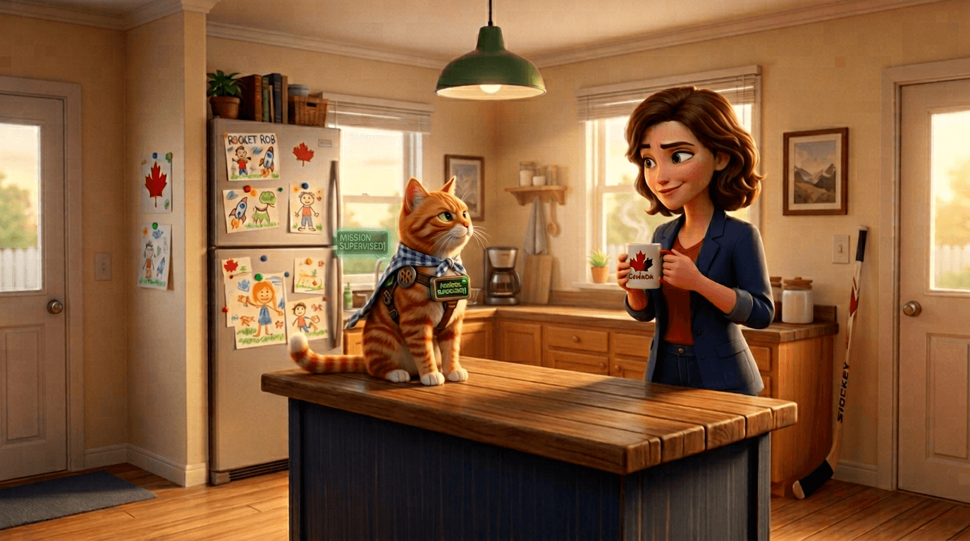 Claire glancing down at Maple, the only one in the house who acknowledges his operation