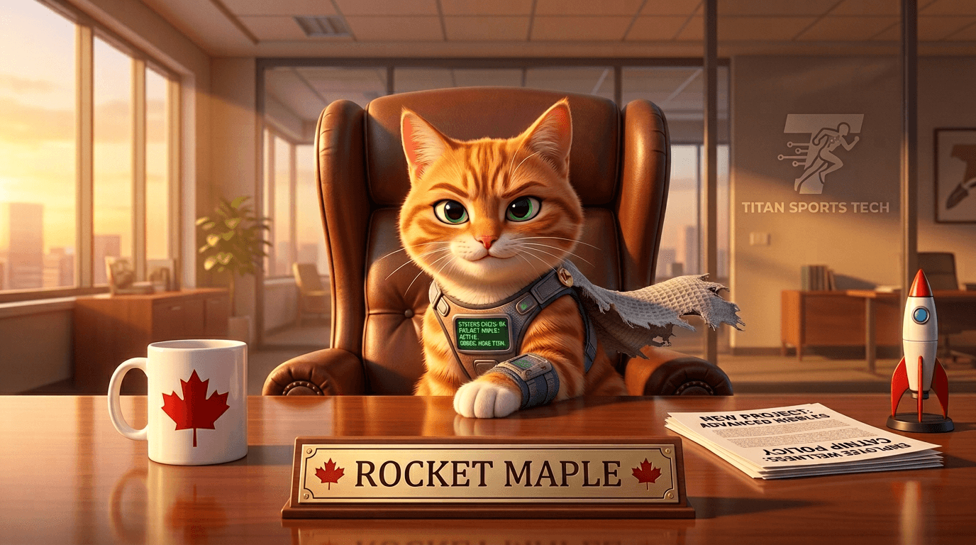 Rocket Maple at Rob's desk, nameplate reading 'Rocket Maple', cape on