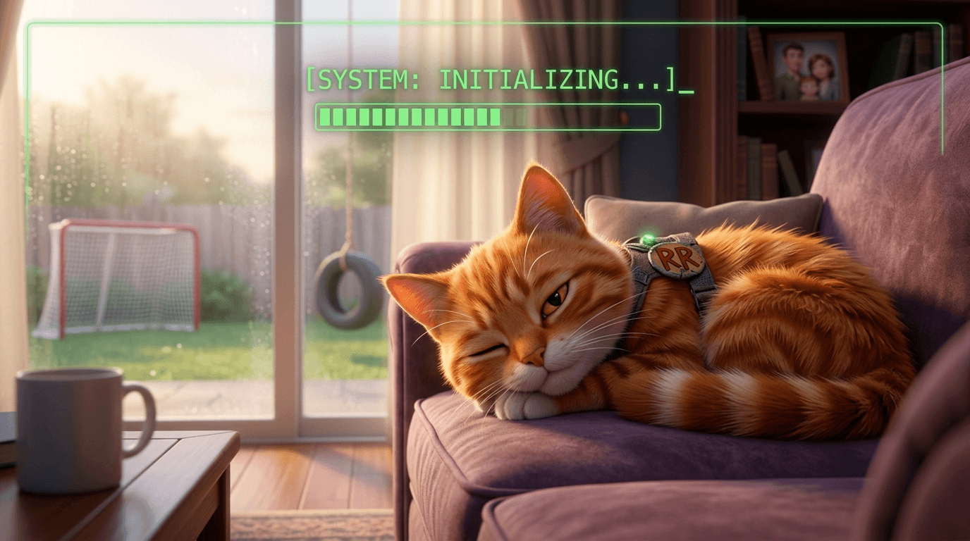 Maple waking on the couch as the green tactical HUD boots up across his field of vision
