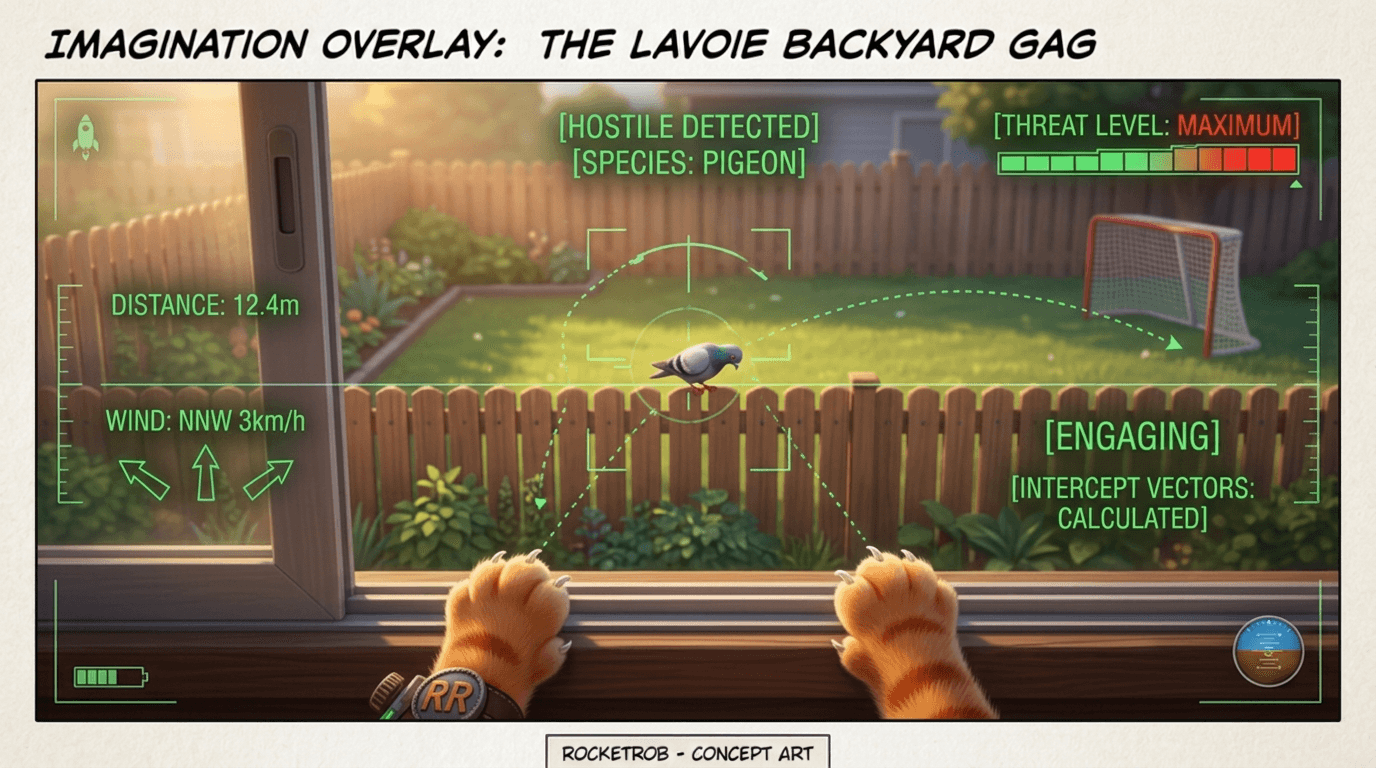 Maple in full tactical crouch at the glass door, HUD locked on a pigeon perched on the backyard fence