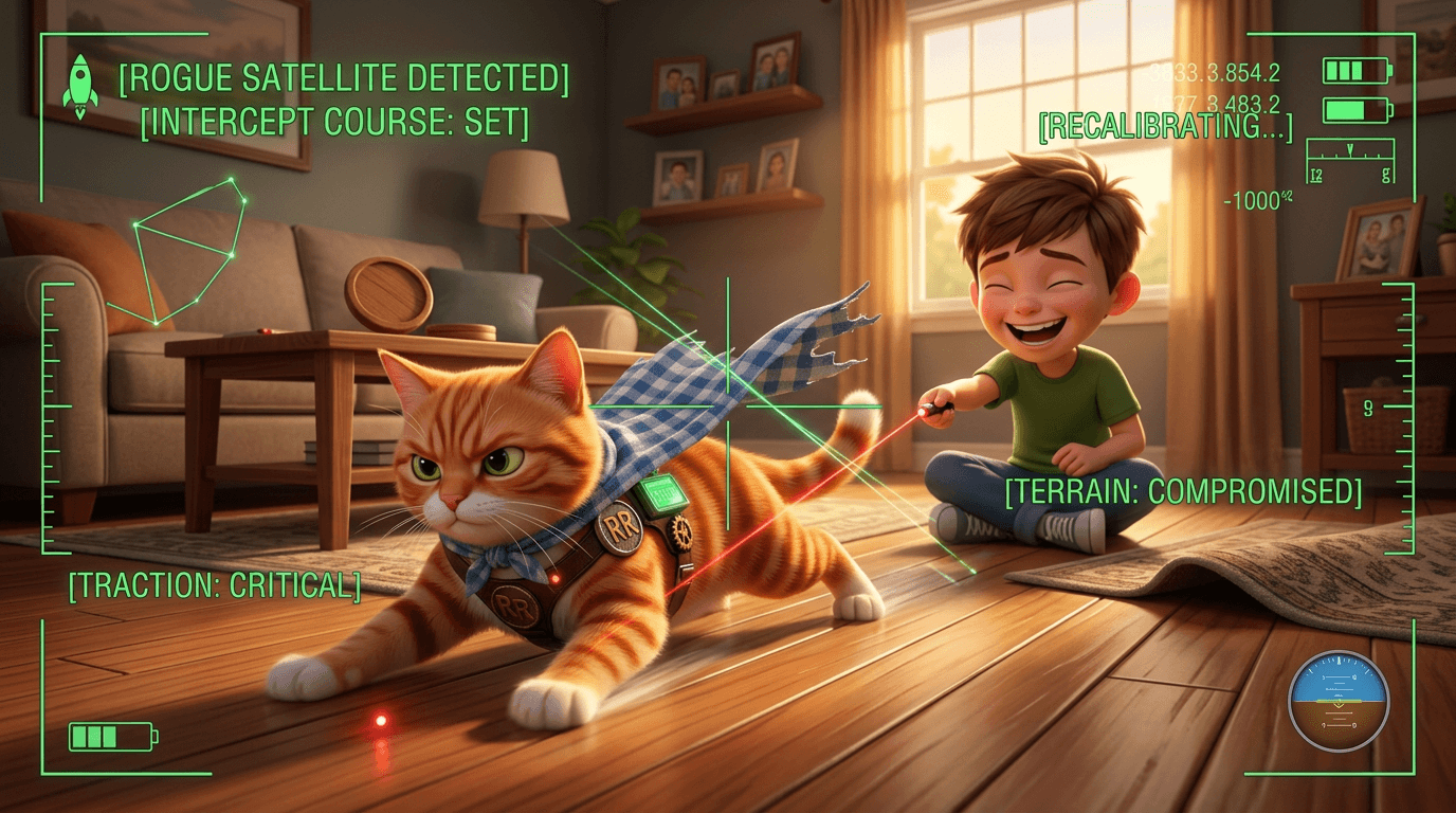 Maple mid-pursuit, sliding across the hardwood after a red laser dot as the HUD tracks the rogue satellite