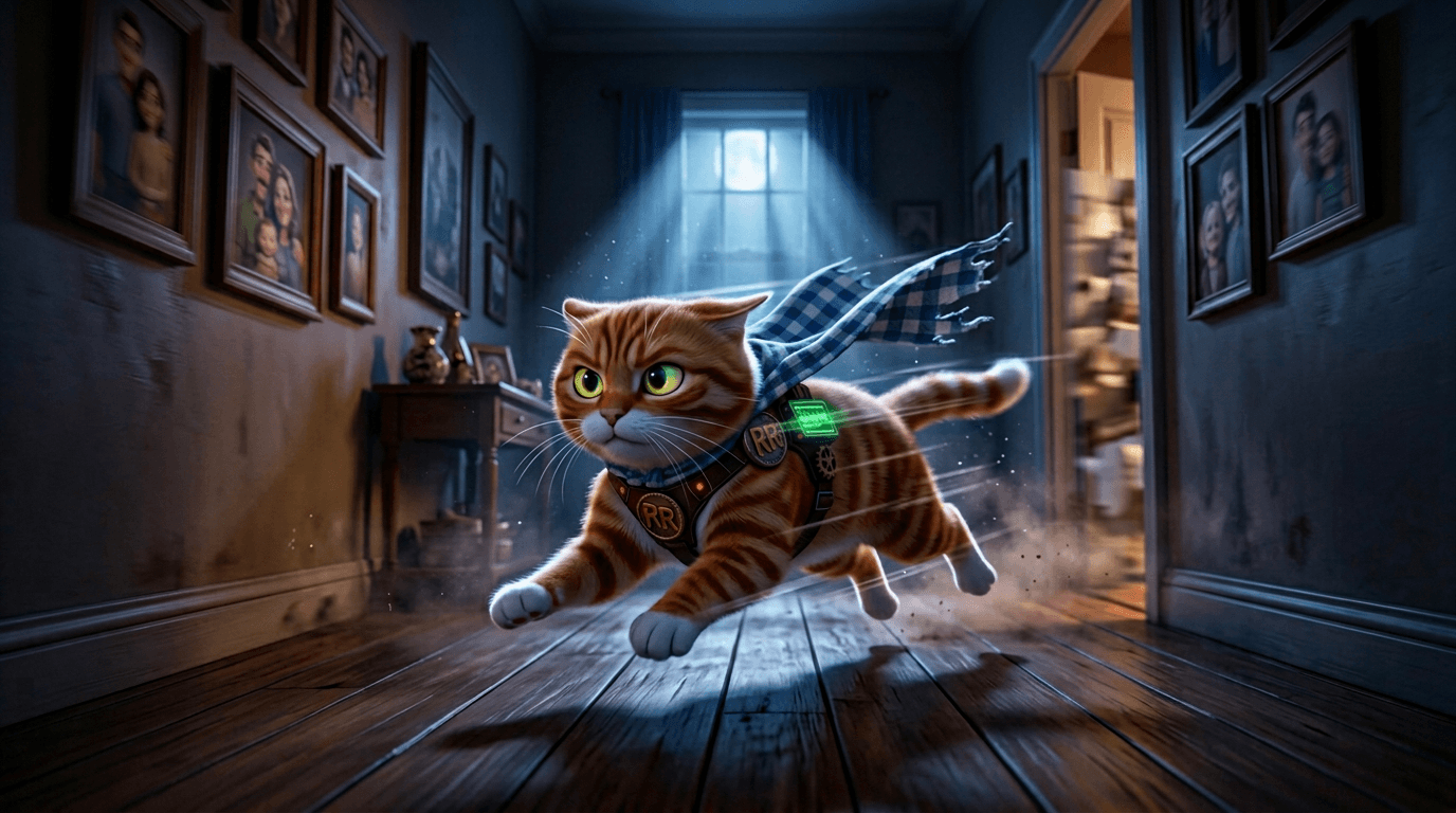 Maple at full sprint down the dark hallway at 3am, all four paws off the ground, harness LED blinking green