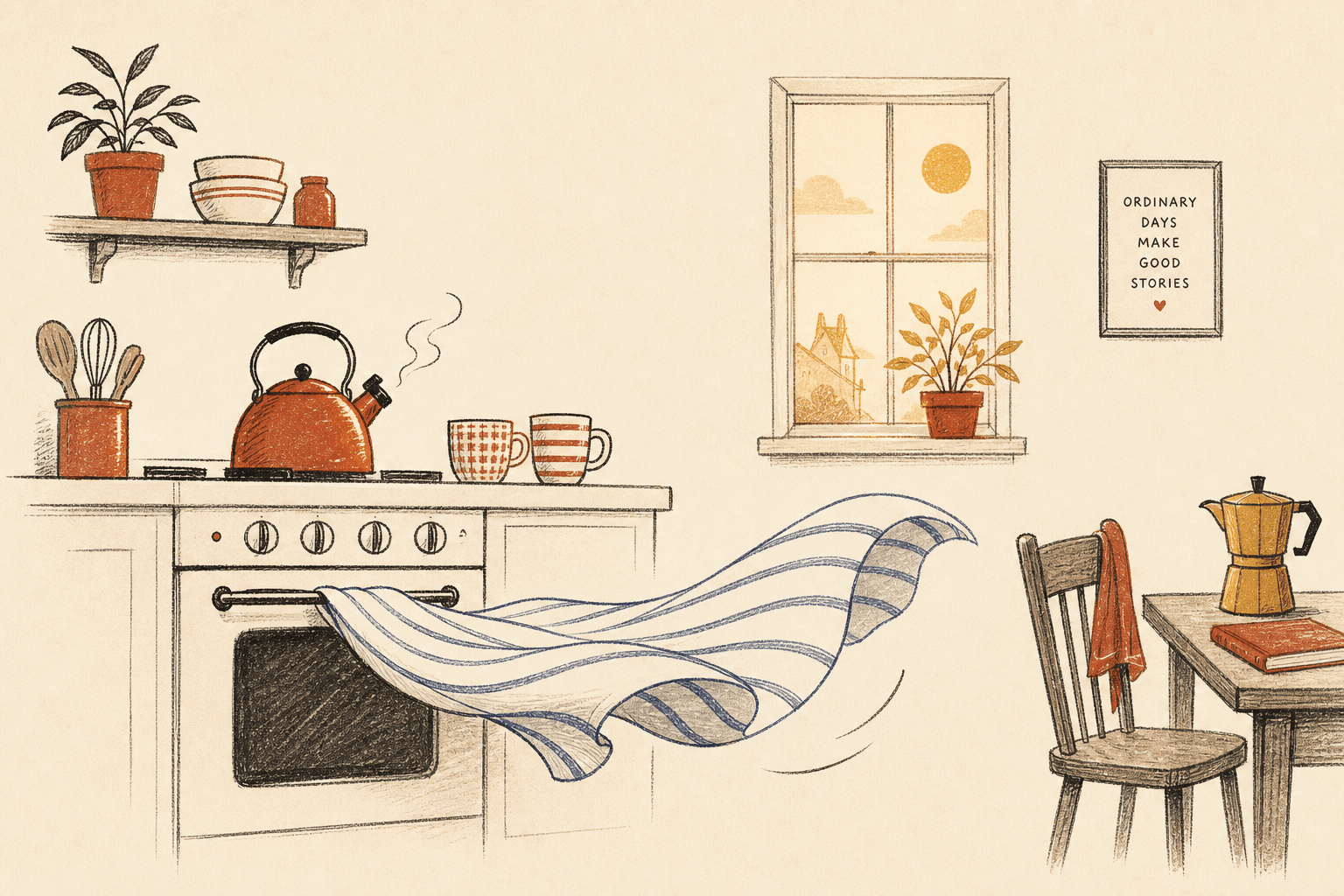A kitchen where a dish towel billows like a cape beneath a framed sign reading 'Ordinary days make good stories'